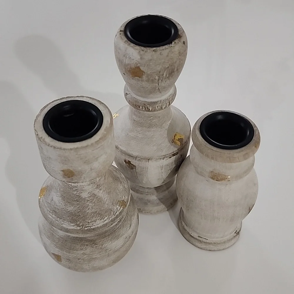 World Market Whitewash And Gold Bottle Taper Candle Holders NWT - Picture 5 of 7